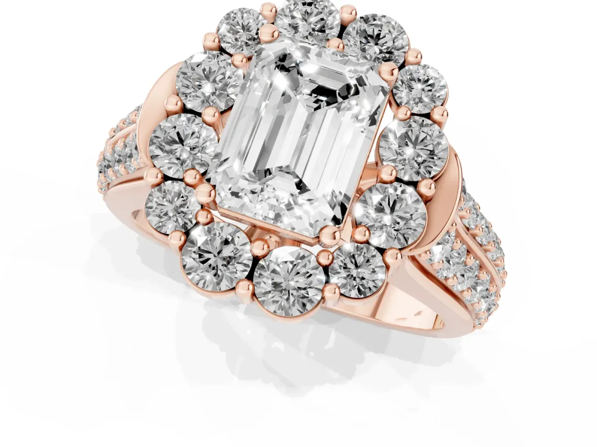 Emerald Cut Halo Diamond Engagement Ring with Split Shank and Prong Setting Rose gold