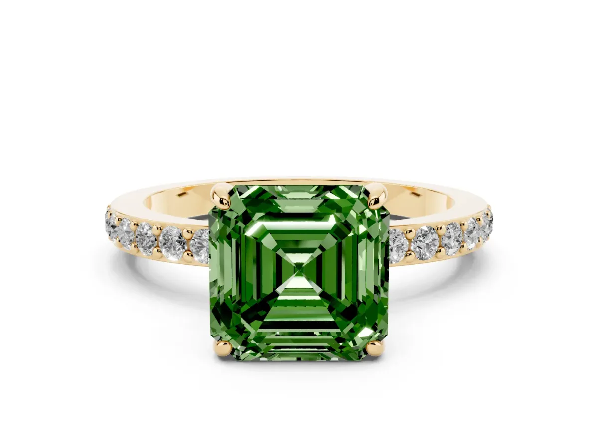 Fancy Green Asscher Cut Diamond Pavé Engagement Ring with Round Accents and Prong Setting Yellow gold