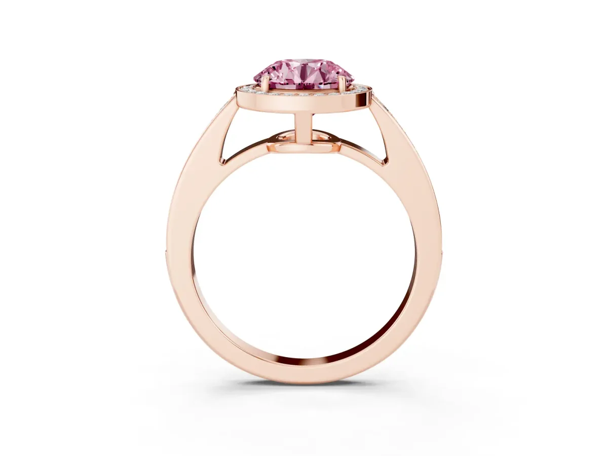 Fancy Pink Round Cut Halo Pavé Diamond Engagement Ring with Bezel Setting Rose gold