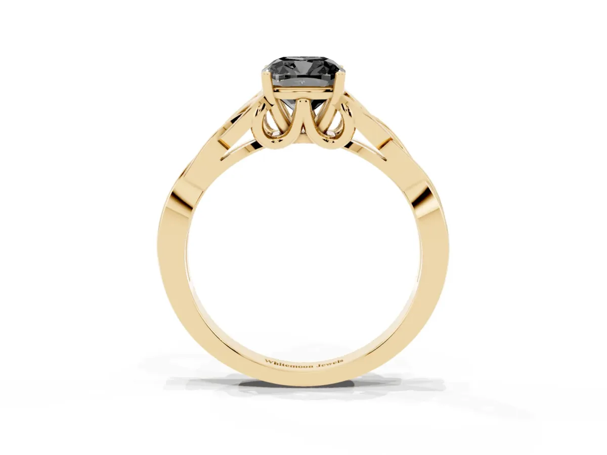 Fancy Black Cushion Cut Diamond Solitaire Engagement Ring with Celtic Knot Band and Four-Prong Setting Yellow gold