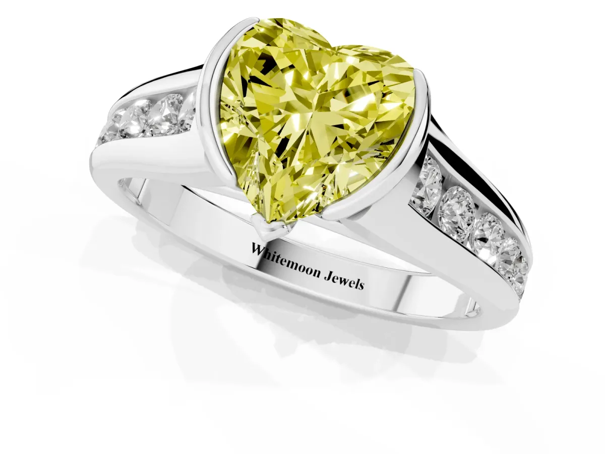 Fancy Yellow Heart Cut Solitaire Bezel-Set Diamond Ring with Channel-Set Band Silver