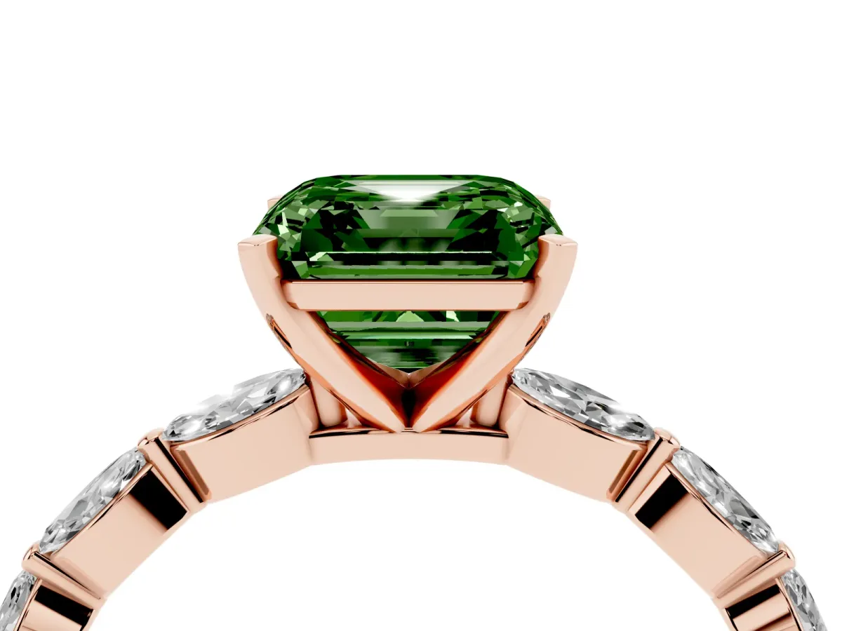 Fancy Green Asscher Cut Diamond Ring with Marquise Side Stones and Prong Setting Rose gold