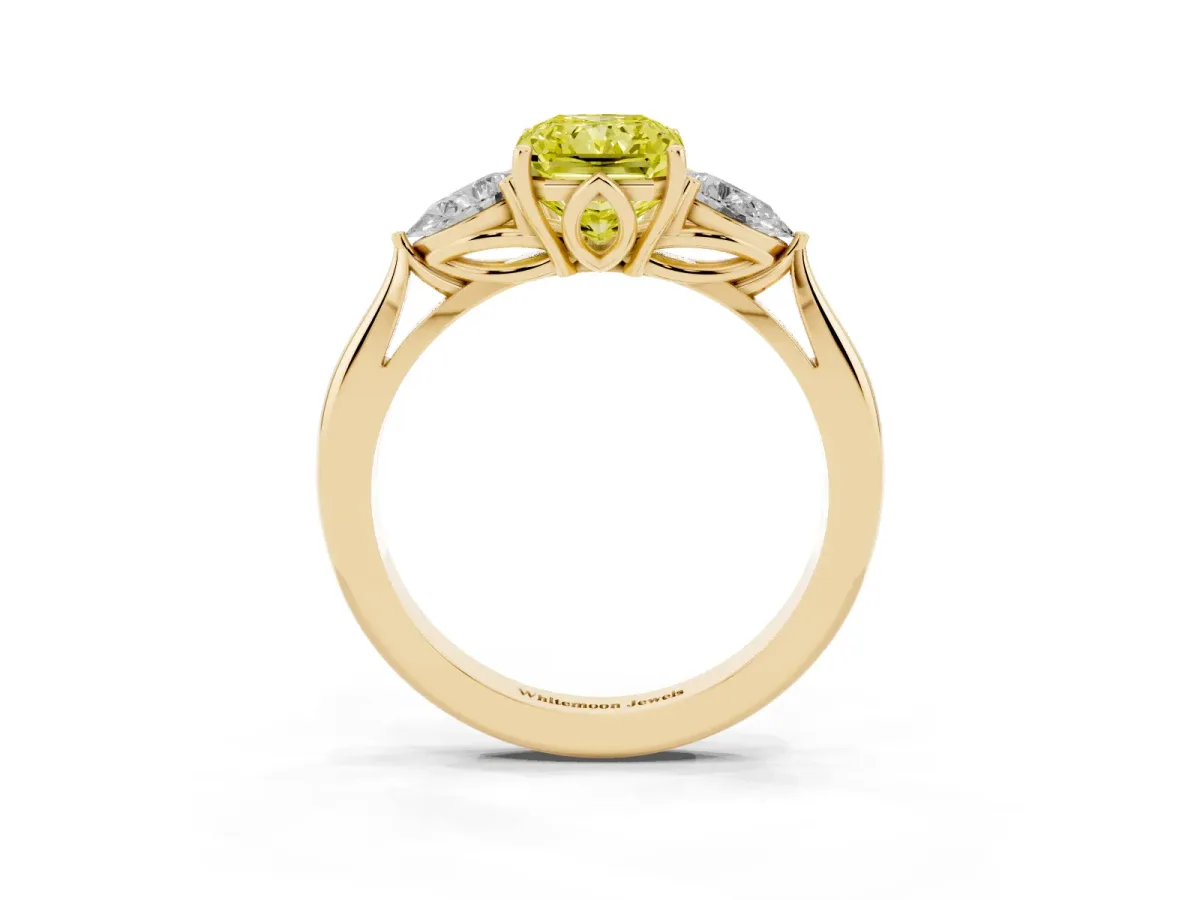 Fancy Yellow Three-Stone Radiant Cut Brilliant Diamond Solitaire Ring with Tapered Band and Four-Prong Setting Yellow gold
