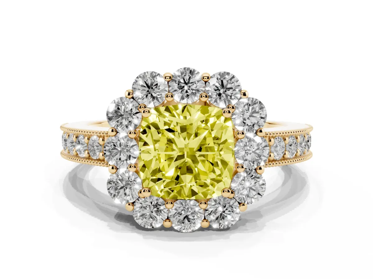Fancy Yellow Cushion Cut Cut Halo Diamond Pavé Engagement Ring with Milgrain Detailing Yellow gold