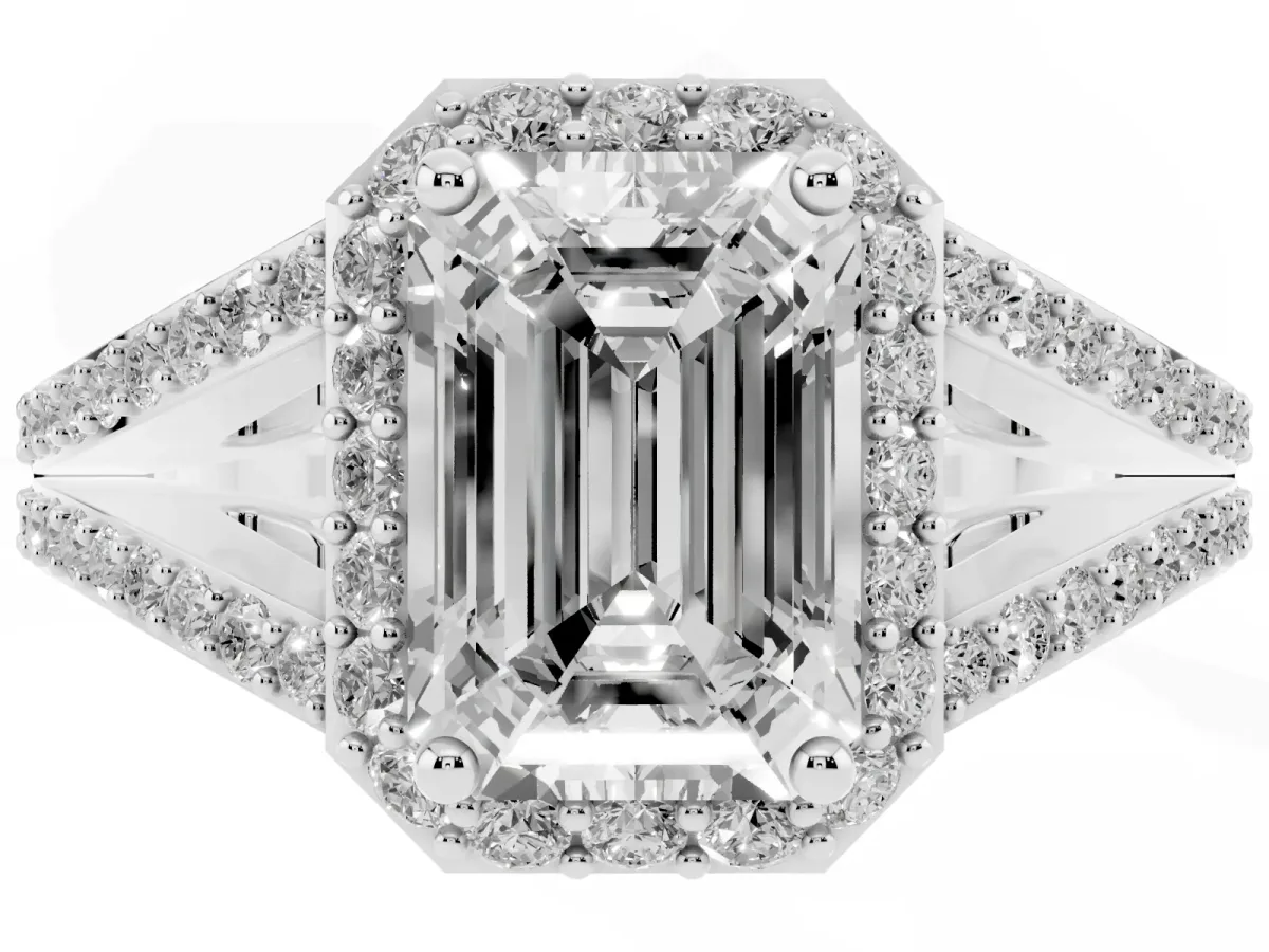 Emerald Cut Halo Split Shank Diamond Ring with Prong Setting Platinum