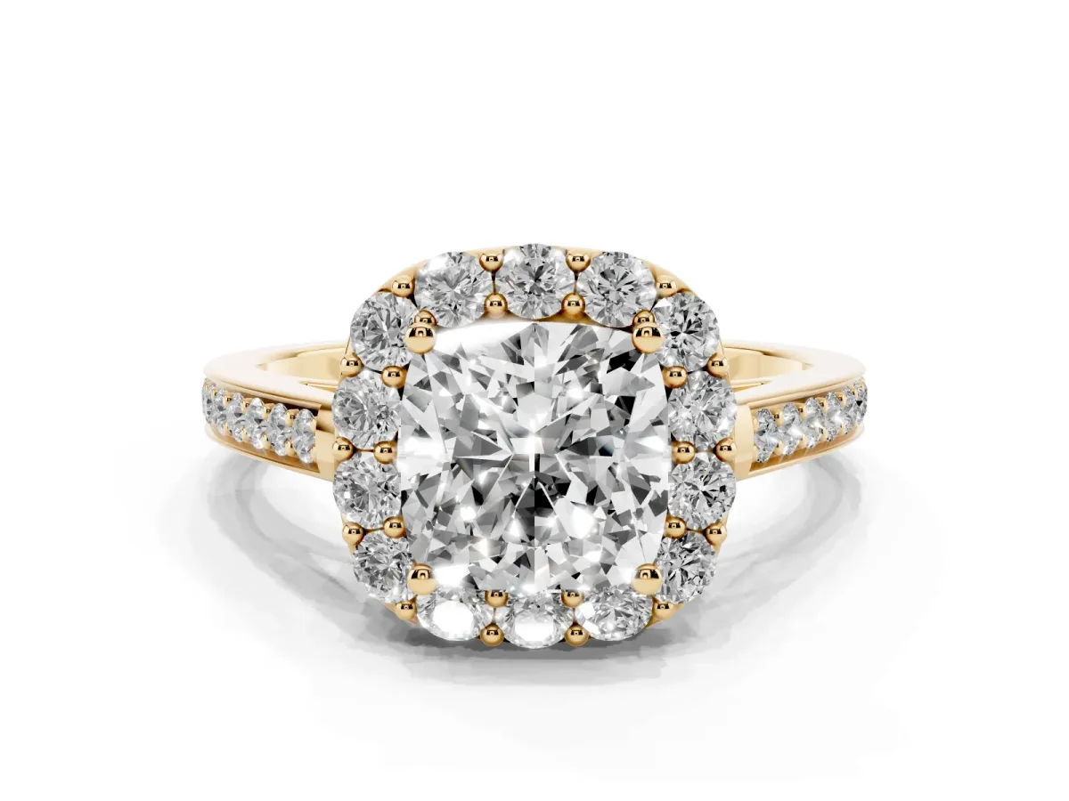 Cushion Cut Diamond Floral Halo Ring with Pavé Band and Prong Setting Yellow gold
