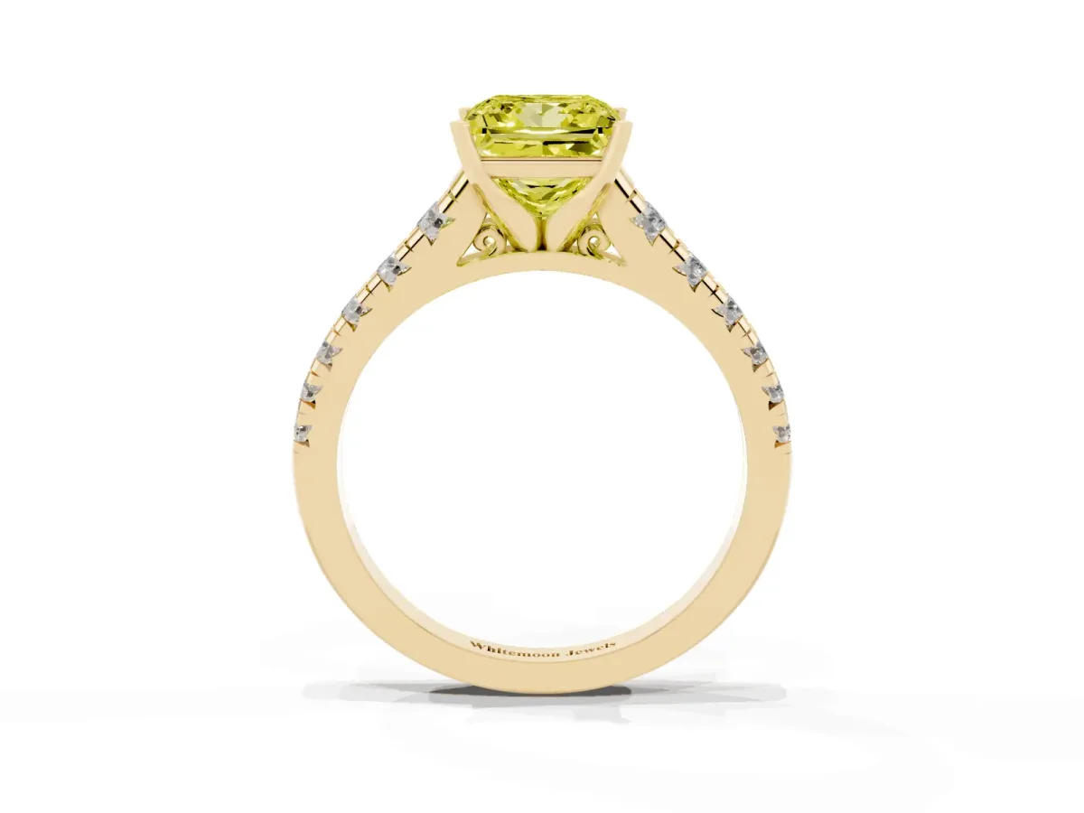 Fancy Yellow Princess Cut Diamond Cathedral Solitaire Ring with Round Pavé Band Yellow gold