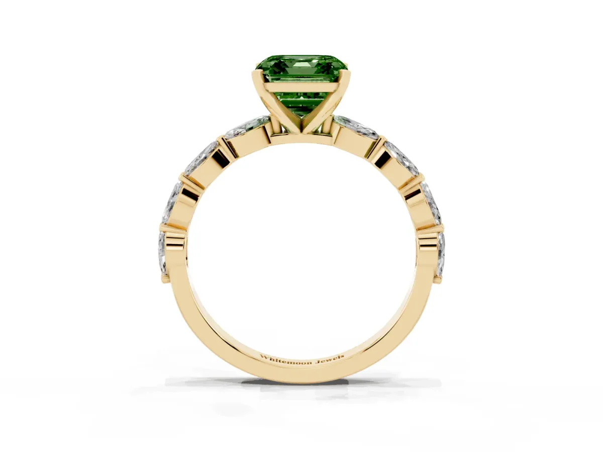 Fancy Green Asscher Cut Diamond Ring with Marquise Side Stones and Prong Setting Yellow gold
