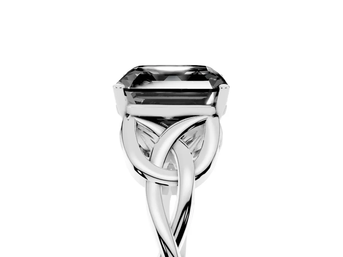 Fancy Black Asscher Cut Diamond Solitaire Engagement Ring with Celtic Knot Band and Four-Prong Setting Silver