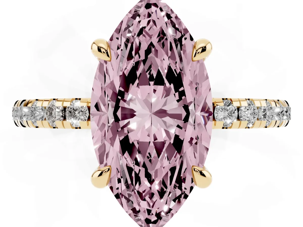 Fancy Pink Marquise Cut Diamond Brilliant Solitaire Ring with Pavé Band and Four-Prong Setting Yellow gold