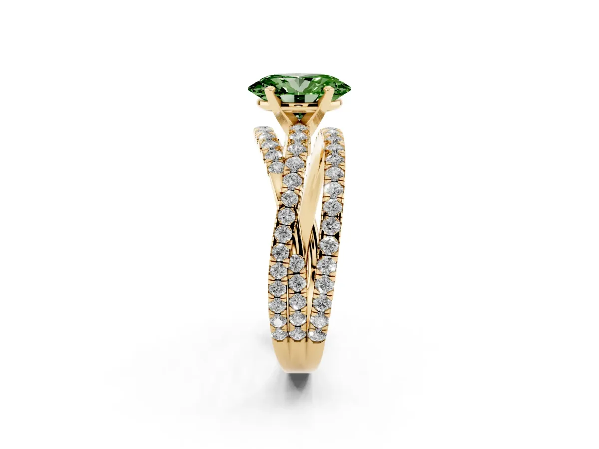 Fancy Green Oval Cut Solitaire Twist Band with Pavé Setting and Four-Prong Setting Yellow gold