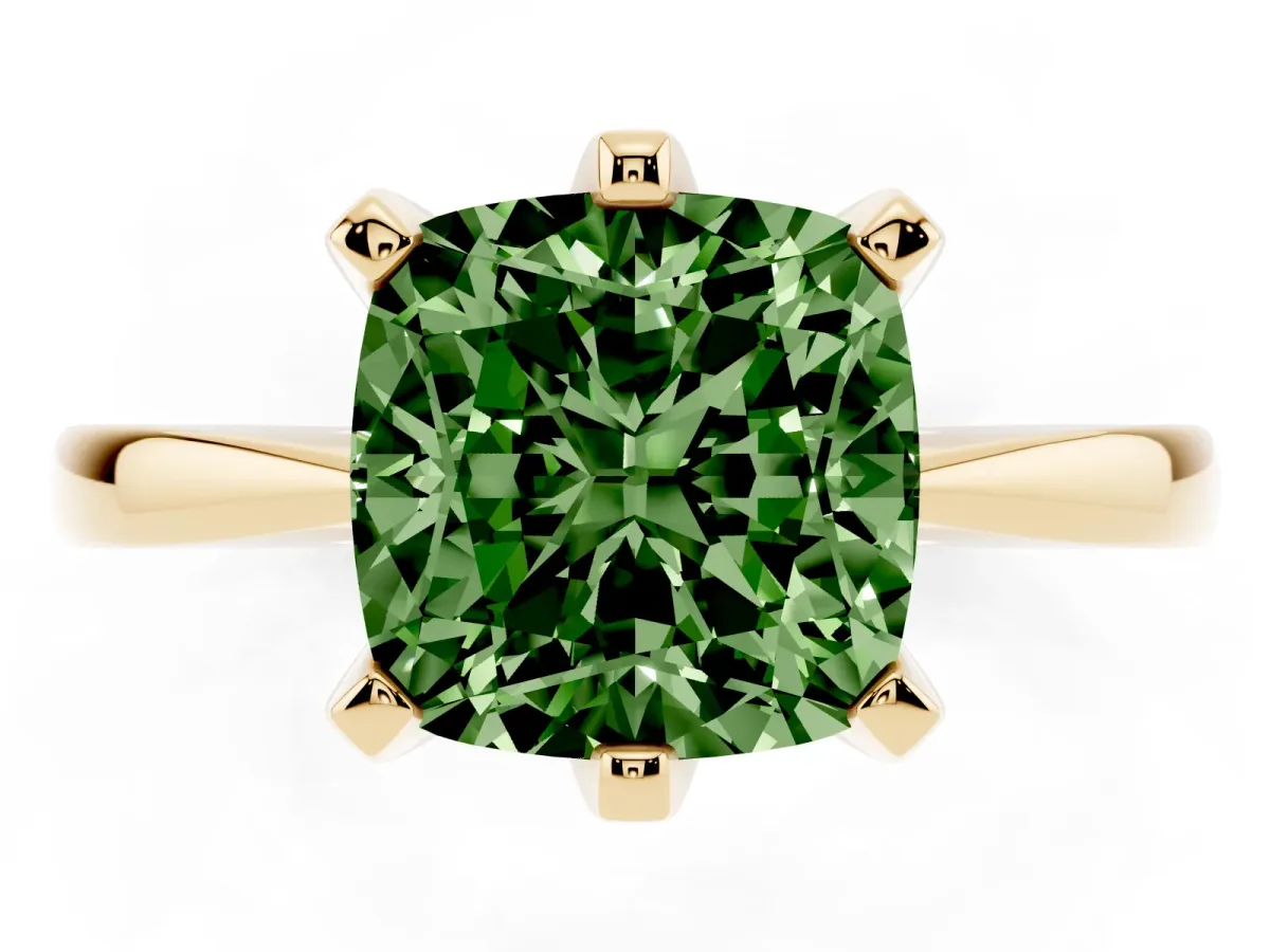 Fancy Green Cushion Cut Solitaire Engagement Ring with Six-Prong Setting and Tapered Band Yellow gold