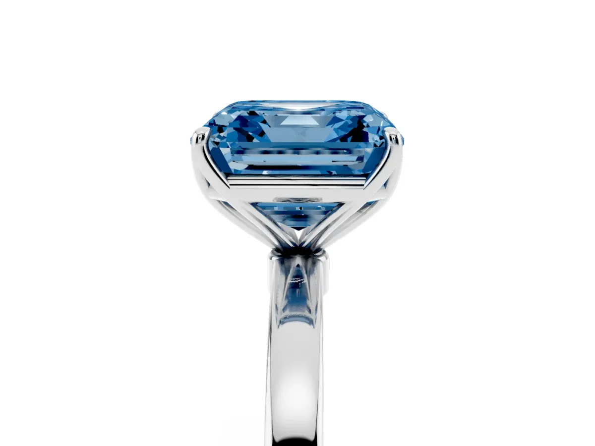 Fancy Blue Asscher Cut Diamond Solitaire Ring with Thin Band and Prong Setting Silver