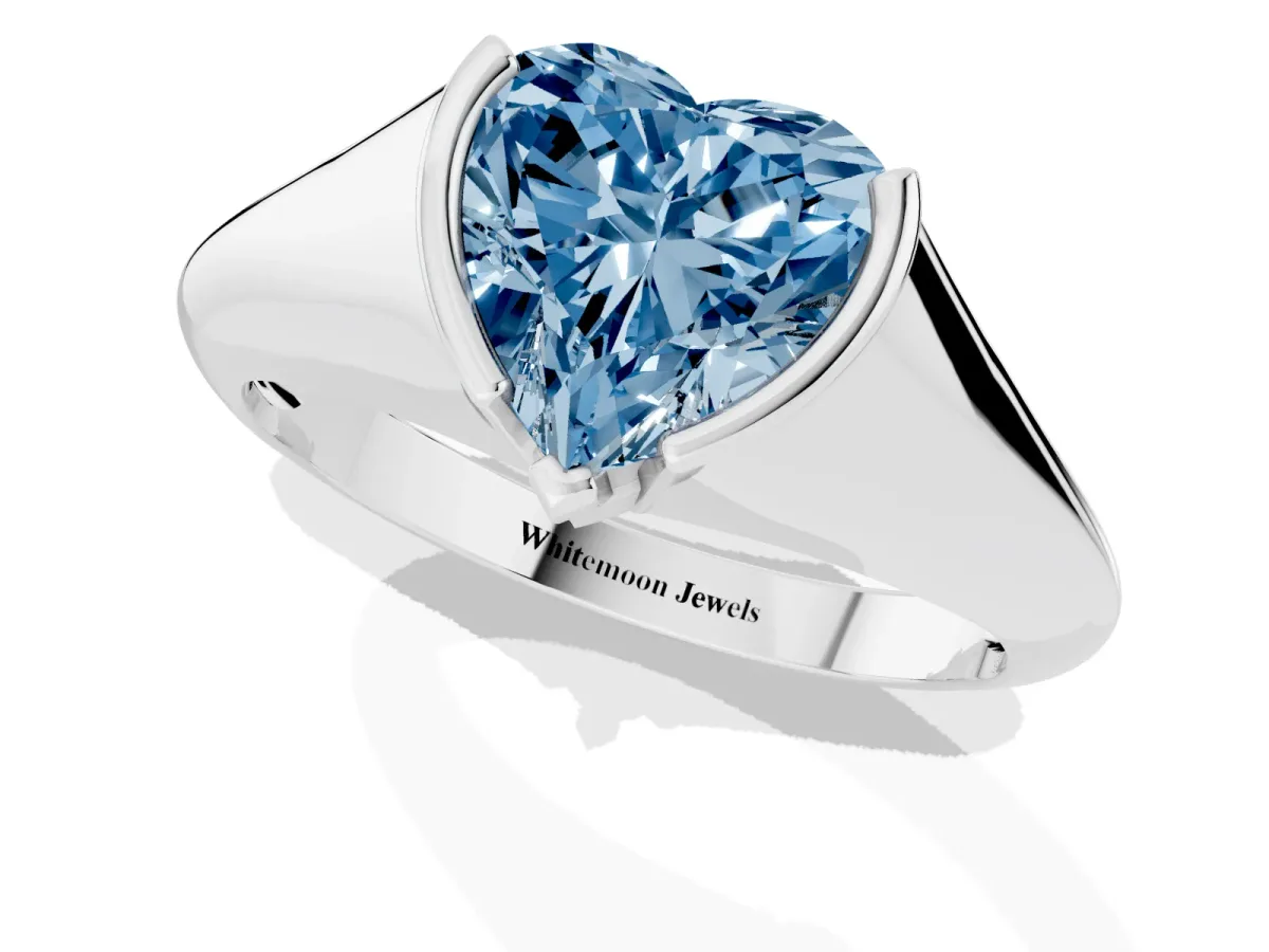 Fancy Blue Heart Cut Solitaire Tension Set Diamond Ring Silver