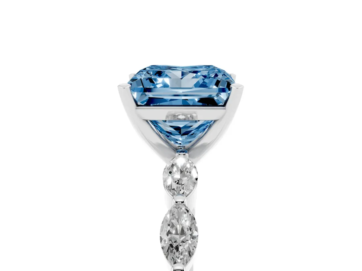Fancy Blue Princess Cut Diamond Ring with Marquise Side Stones and Prong Setting White gold