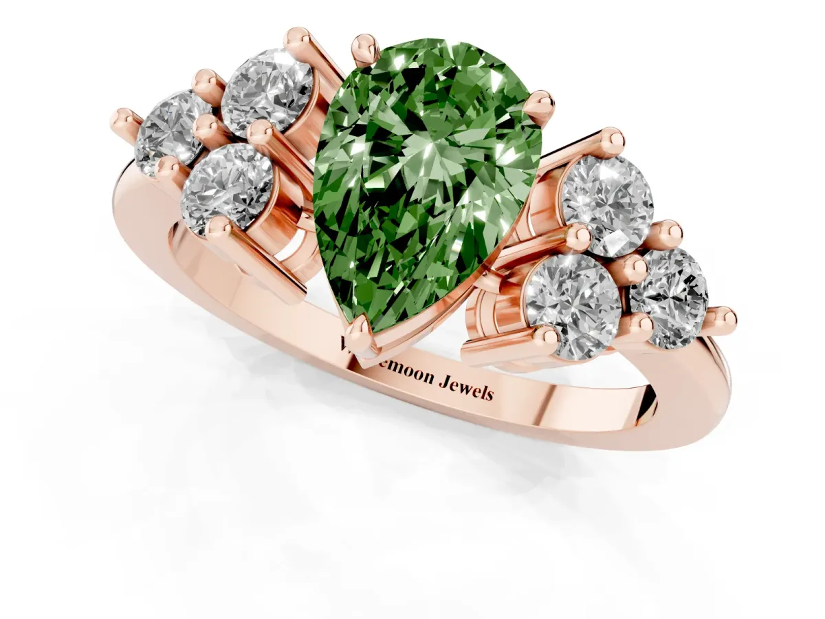 Fancy Green Pear Cut Brilliant Diamond Cluster Accent Solitaire Ring with Prong Setting Rose gold