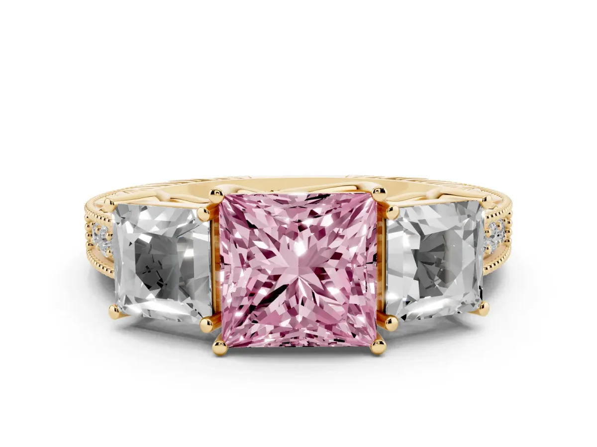 Fancy Pink Three-Stone Princess Cut Cut Milgrain Pavé Engagement Ring Yellow gold