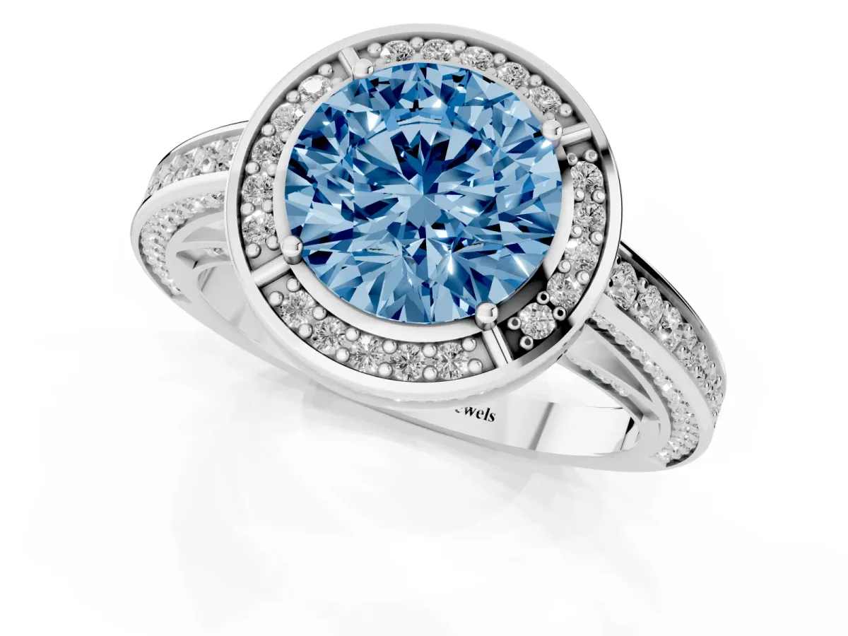 Fancy Blue Round Cut Cut Halo Pave Split Shank Prong Setting Ring Platinum