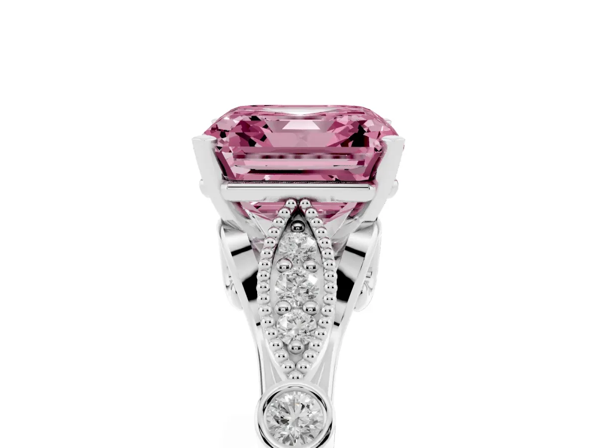 Fancy Pink Asscher Cut Cut Diamond with Milgrain Marquise and Bezel Accents on a Solitaire Band with Prong Setting Platinum