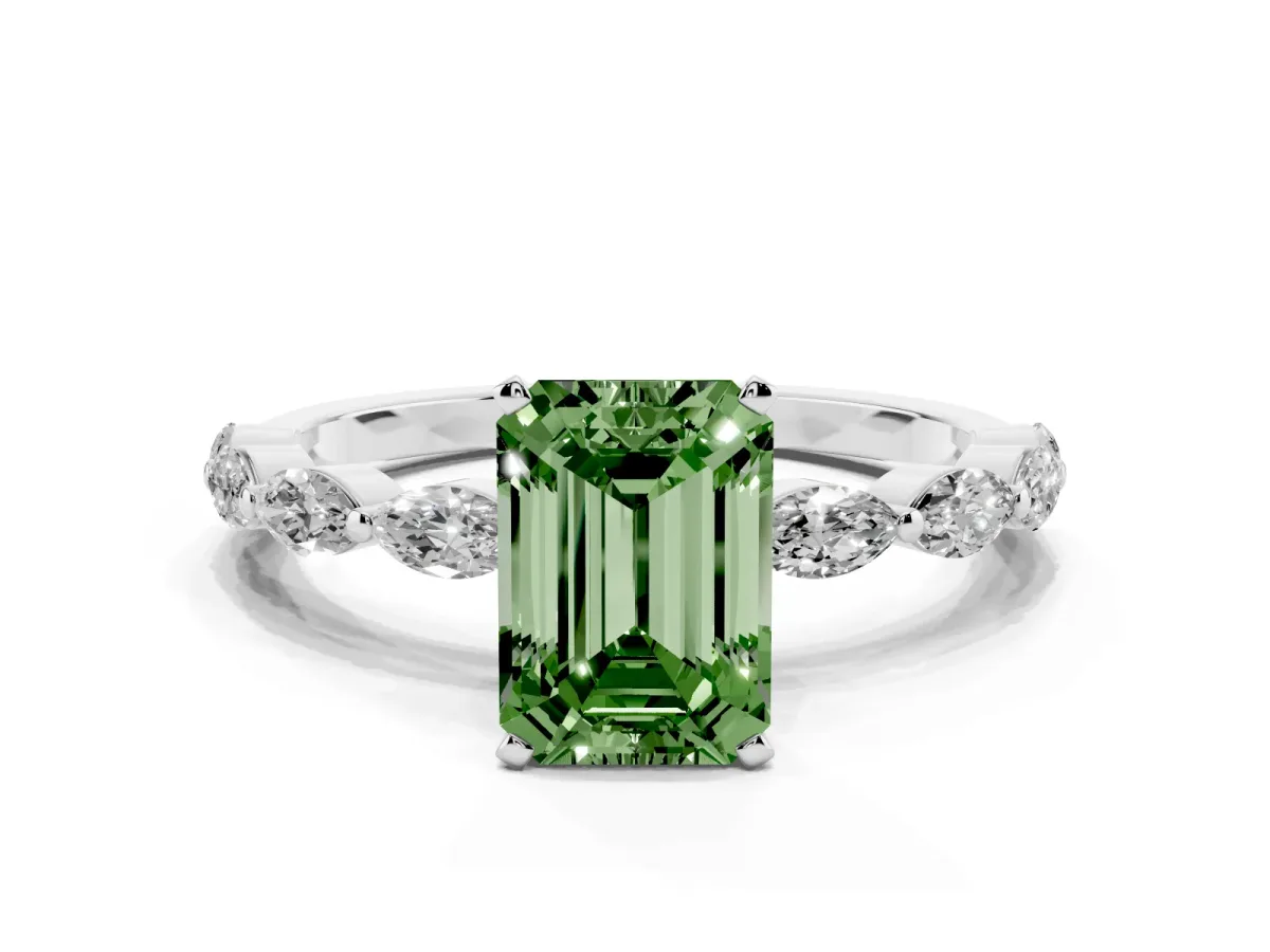 Fancy Green Emerald Cut Diamond Ring with Marquise Side Stones and Prong Setting Platinum