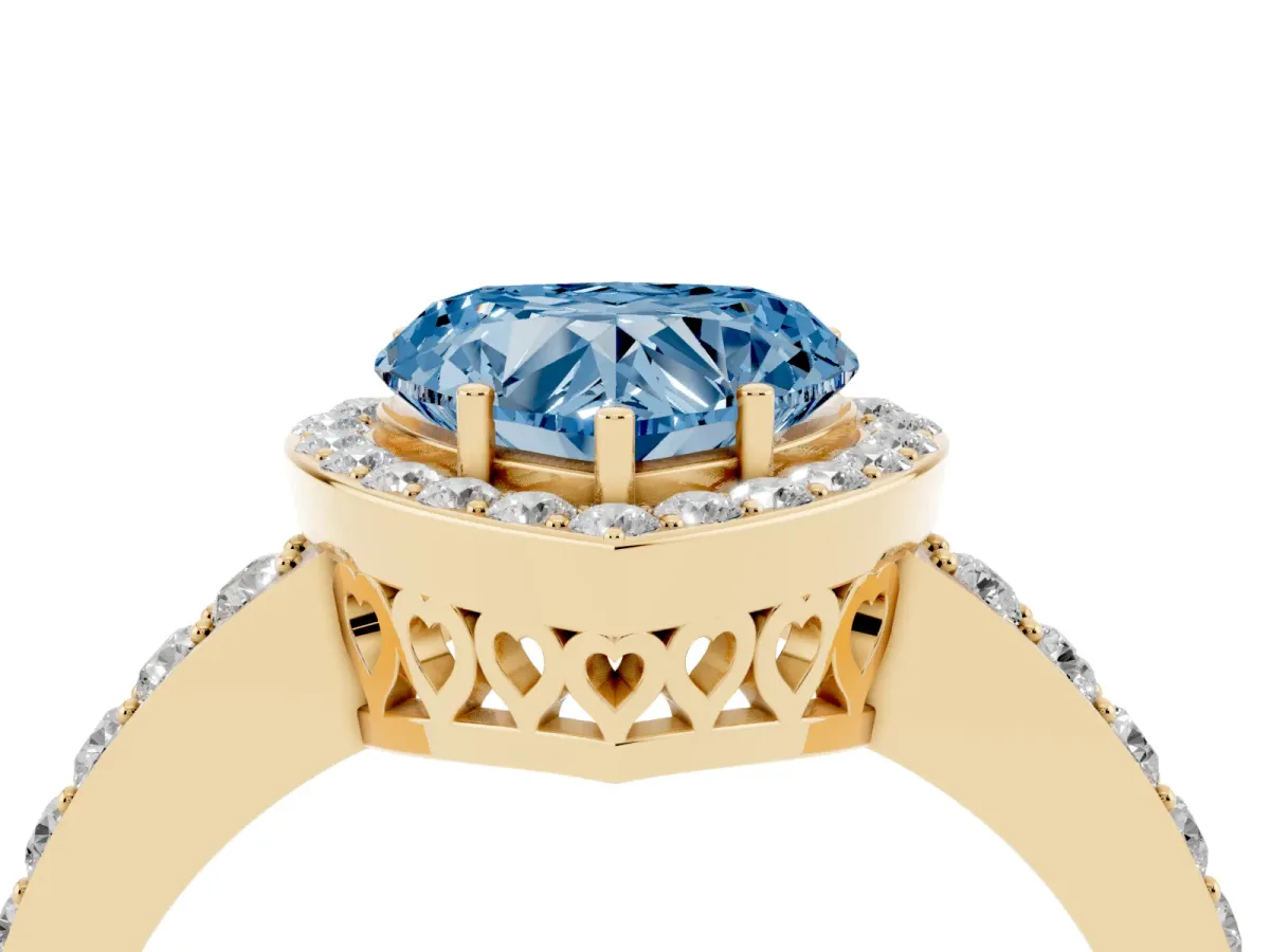 Fancy Blue Heart Cut Halo Diamond Pavé Band Ring with Prong Setting Yellow gold