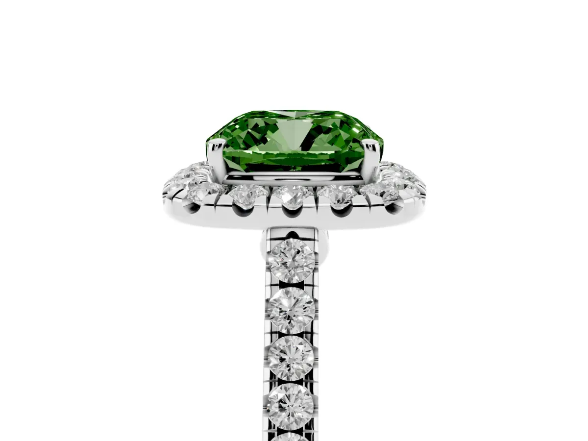 Fancy Green Cushion Cut Halo Pave Diamond Engagement Ring with Four-Prong Setting Platinum