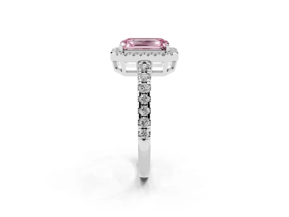 Fancy Pink Emerald Cut Diamond Halo Ring with Pavé Band and Four-Prong Setting Silver