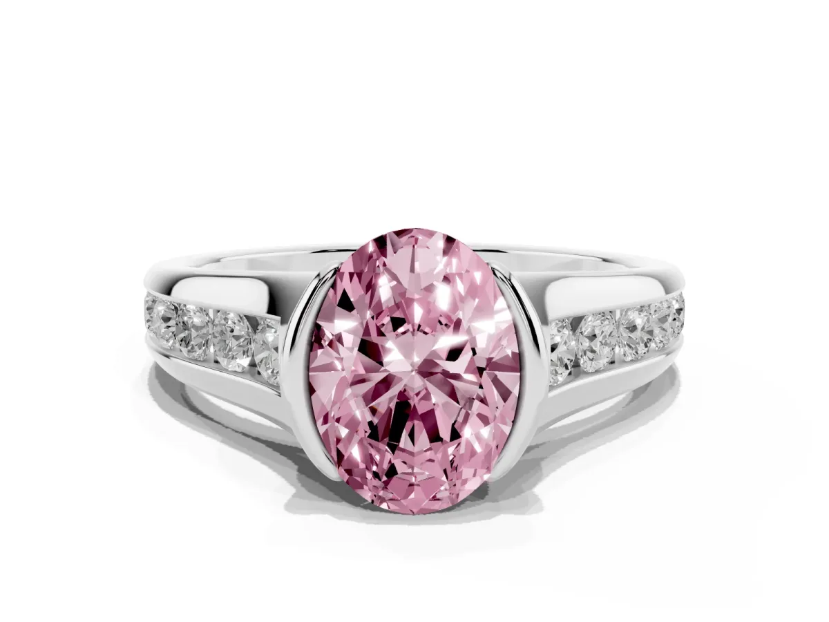 Fancy Pink Oval Cut Solitaire Bezel-Set Diamond Ring with Channel-Set Band Silver