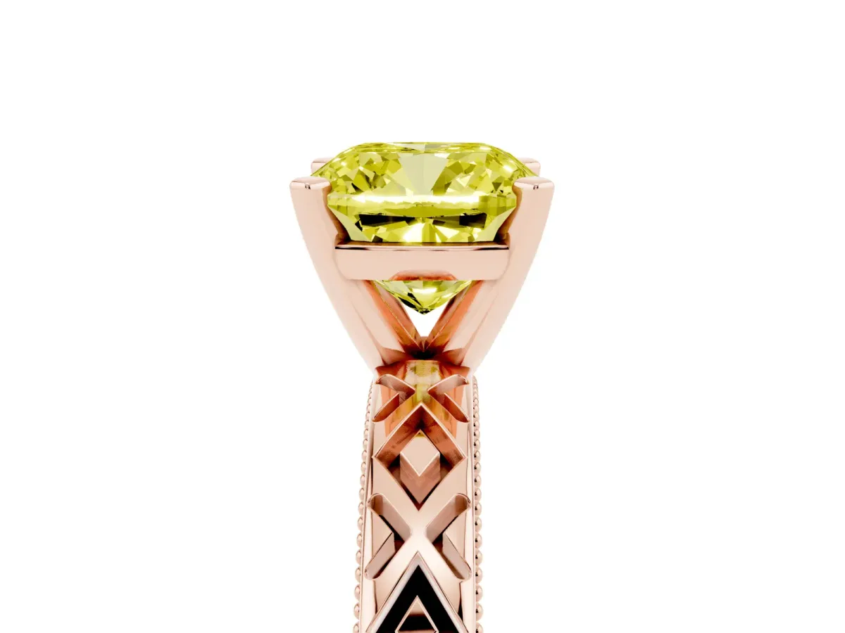 Fancy Yellow Cushion Cut Solitaire Diamond Ring with Milgrain and Black Enamel X Pattern Band Rose gold