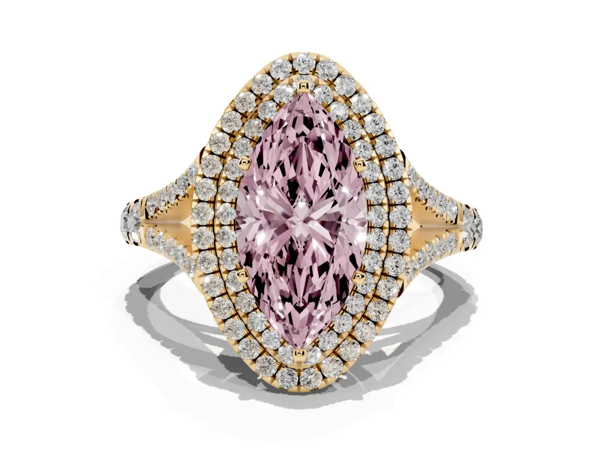 Fancy Pink Marquise Cut Cut Double Halo Split Shank Diamond Ring with Prong Setting Yellow gold