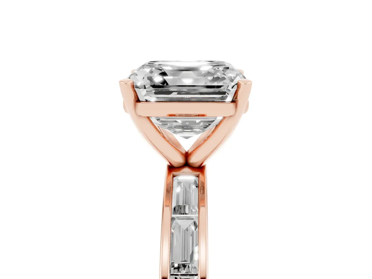 Asscher Cut Solitaire Diamond Ring with Channel-Set Baguette Band and Four-Prong Setting Rose gold