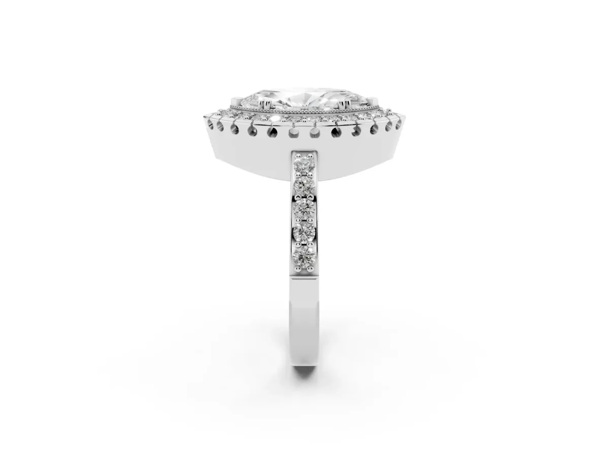 Marquise Cut Diamond Halo Ring with Pavé Band and Prong Setting White gold