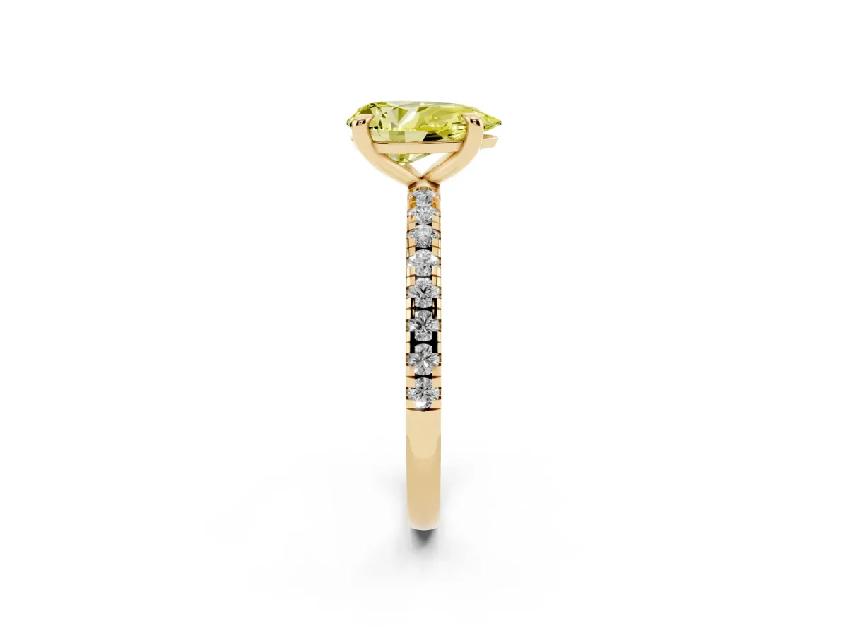 Fancy Yellow Pear Cut Diamond Brilliant Solitaire Ring with Pavé Band and Four-Prong Setting Yellow gold