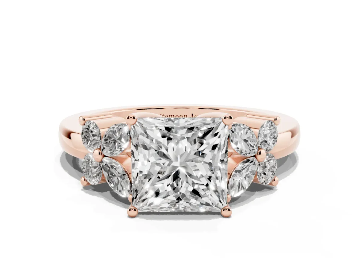 Princess Cut Diamond Floral Cluster Ring with Solitaire Band and Prong Setting Rose gold