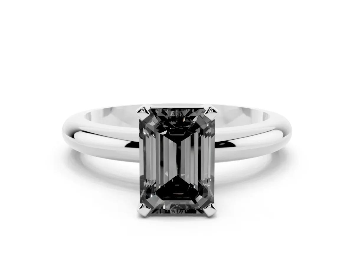 Fancy Black Emerald Cut Diamond Solitaire Engagement Ring with Round Band and Four-Prong Setting Platinum