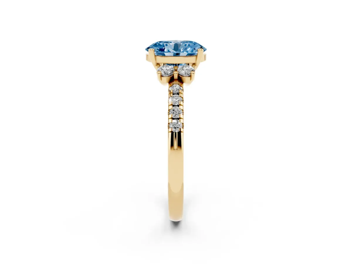 Fancy Blue Oval Cut Diamond Three-Stone Pave Band with Four-Prong Setting Yellow gold