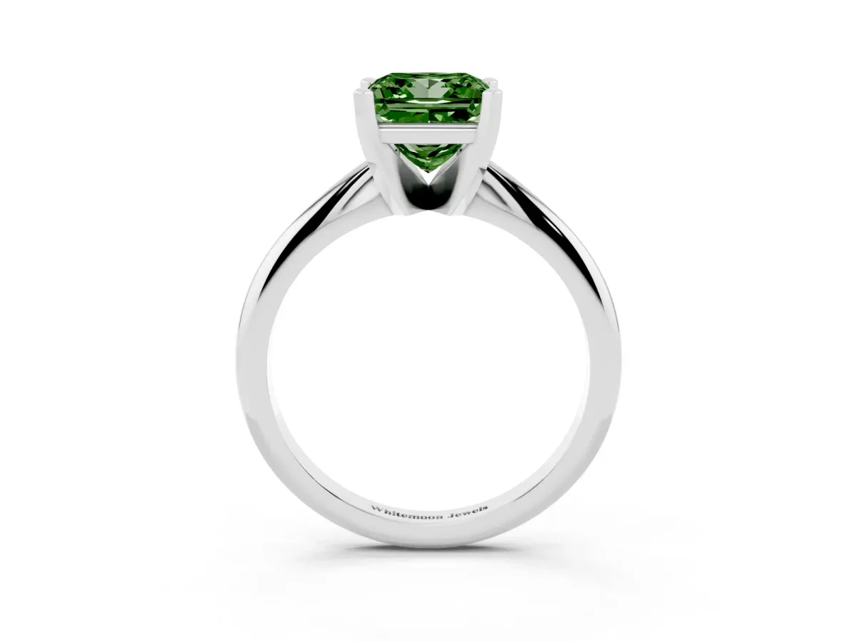 Fancy Green Princess Cut Cut Solitaire Ring with Four-Prong Setting on a Classic Band Silver