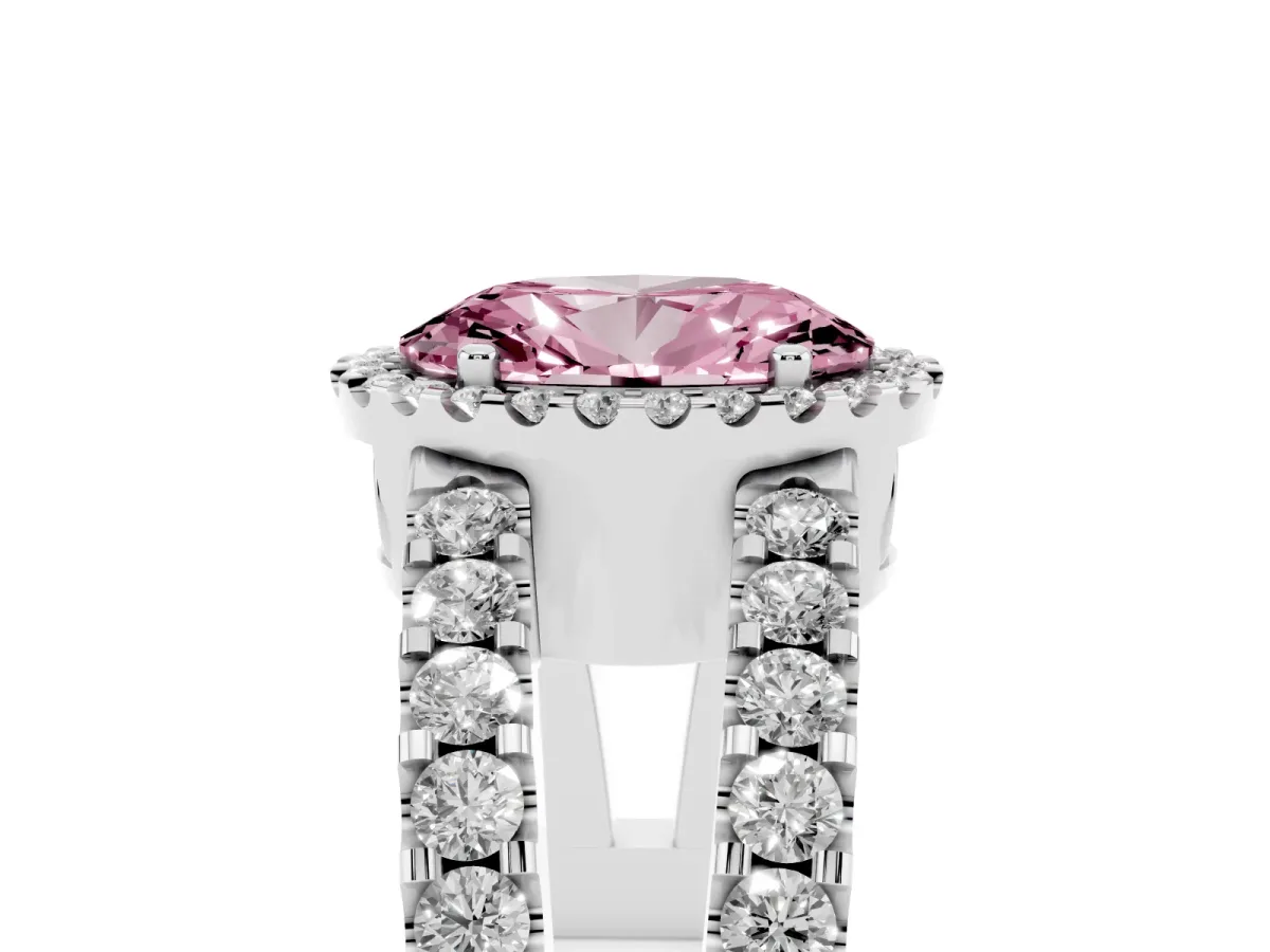 Fancy Pink Oval Cut Cut Halo Split Shank Diamond Ring with Four-Prong Setting Silver