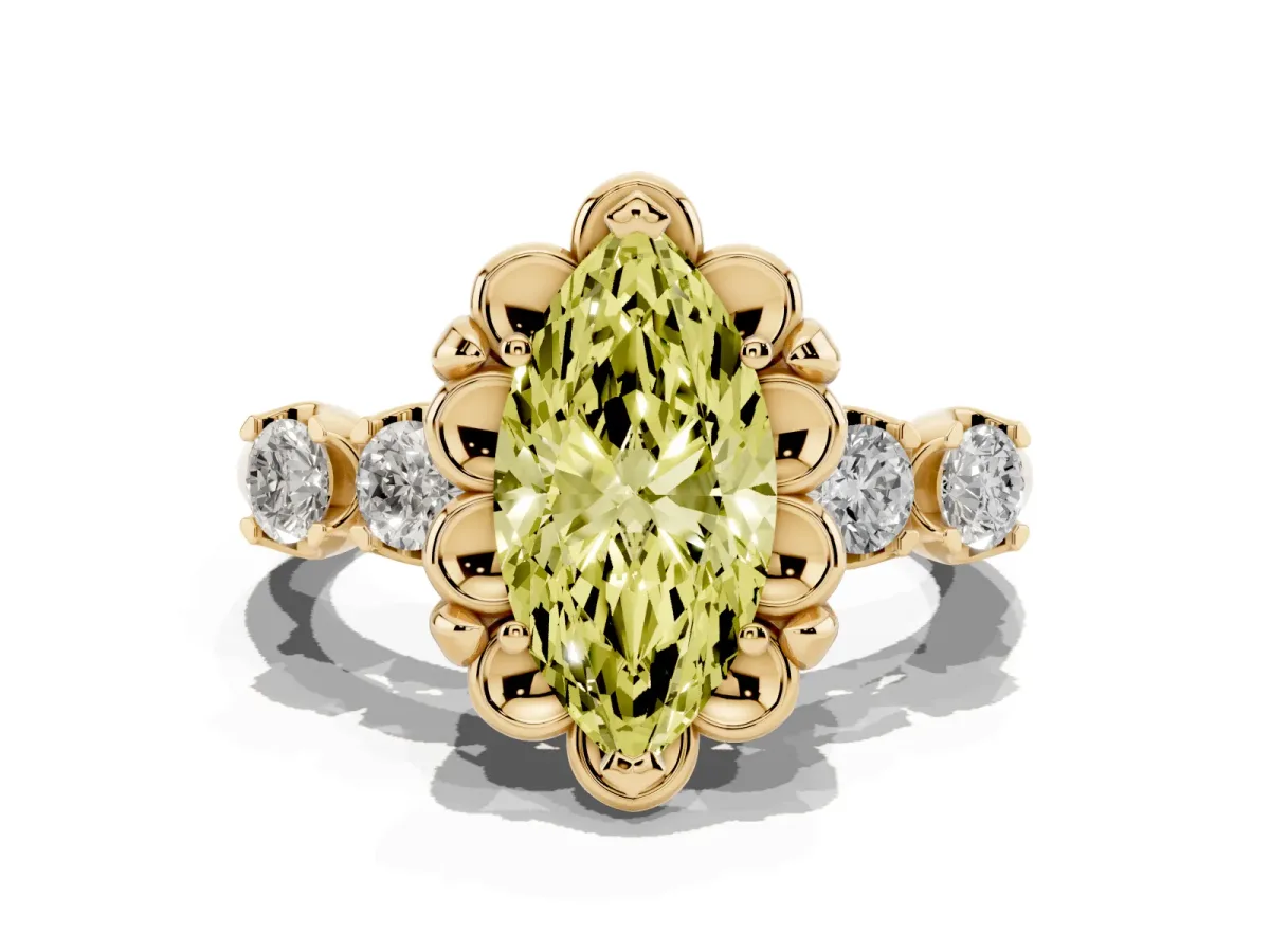 Fancy Yellow Marquise Cut Cut Diamond Floral Halo Engagement Ring with Shared Prong Setting Yellow gold