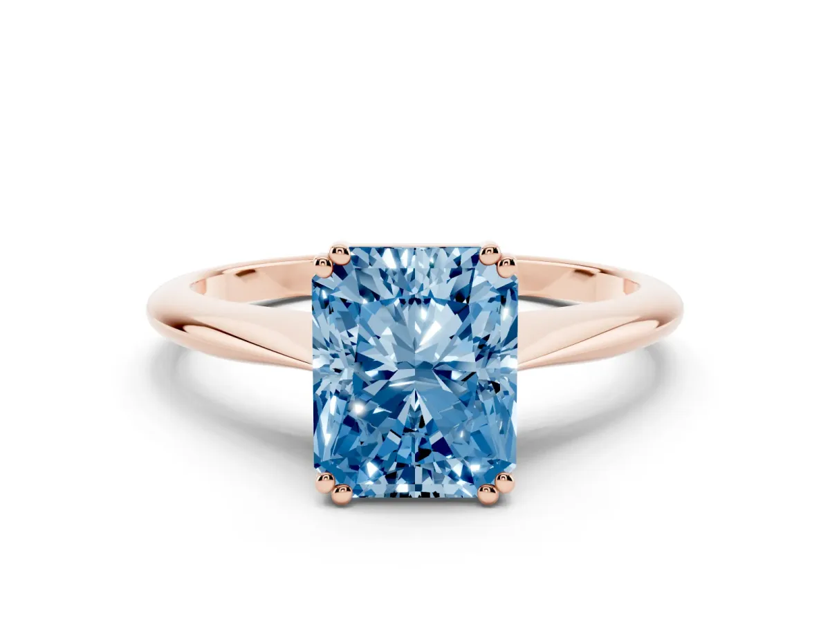 Fancy Blue Radiant Cut Solitaire Diamond Ring with Six-Prong Setting and Classic Band Rose gold