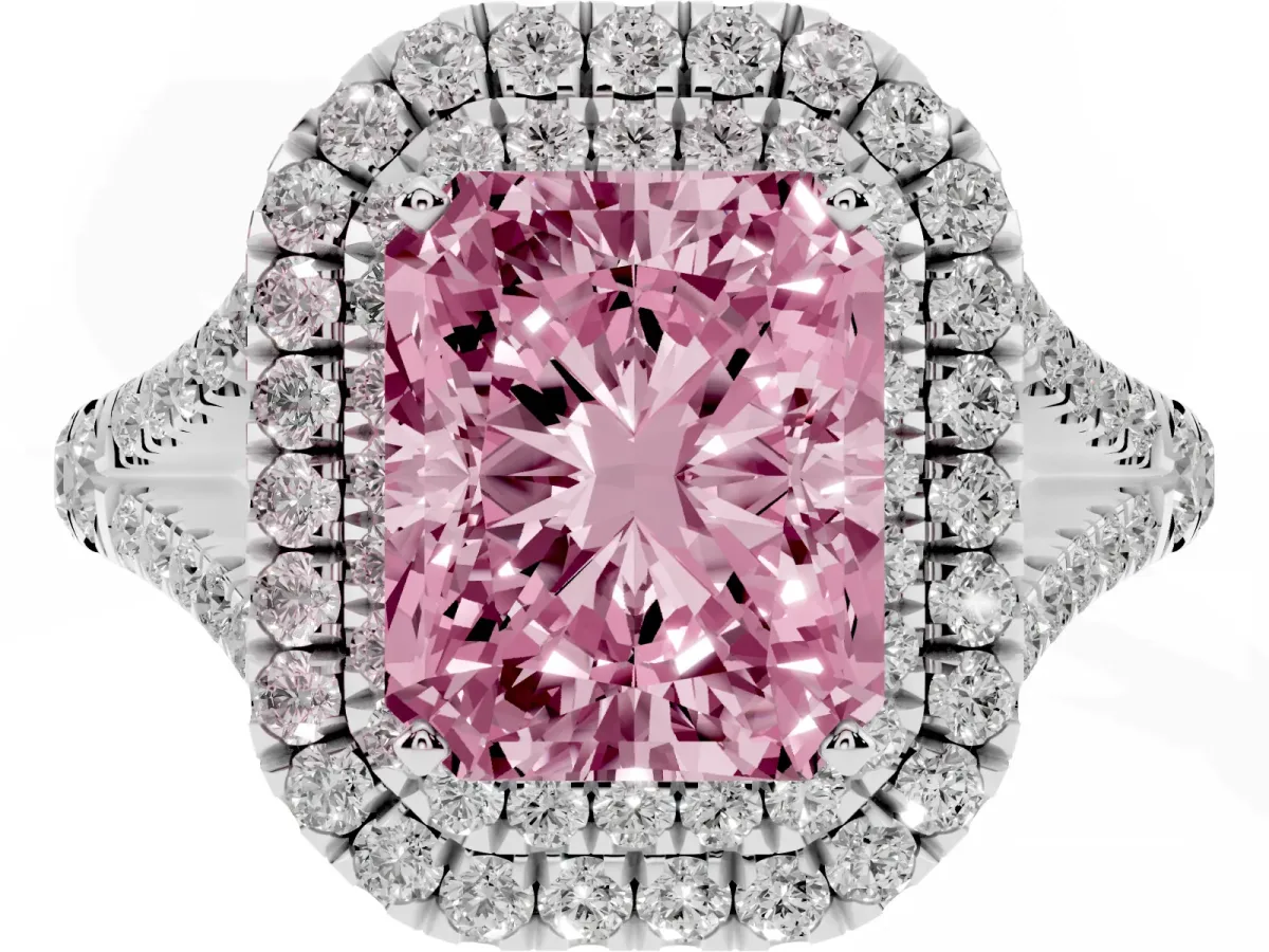 Fancy Pink Radiant Cut Diamond Pavé Split Shank Double Halo Engagement Ring Silver