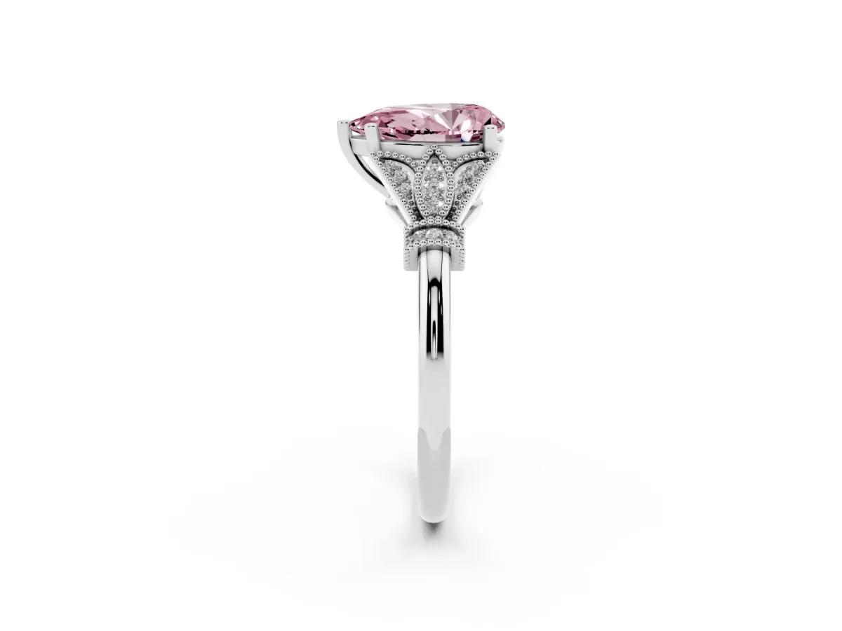 Fancy Pink Pear Cut Diamond Solitaire Ring with Floral Filigree and Pave Accents White gold