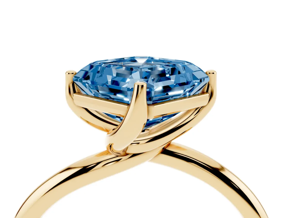 Fancy Blue Asscher Cut Diamond Solitaire Engagement Ring with Four-Prong Setting and Classic Band Yellow gold