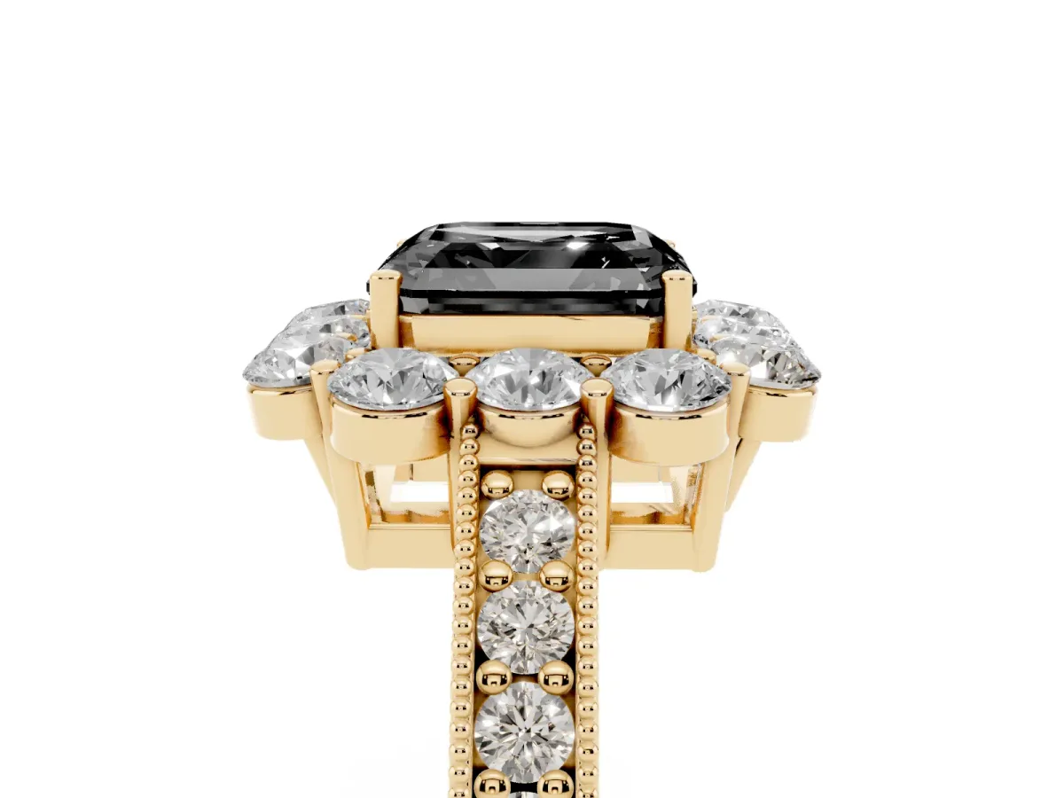Fancy Black Asscher Cut Cut Halo Diamond Pavé Engagement Ring with Milgrain Detailing Yellow gold