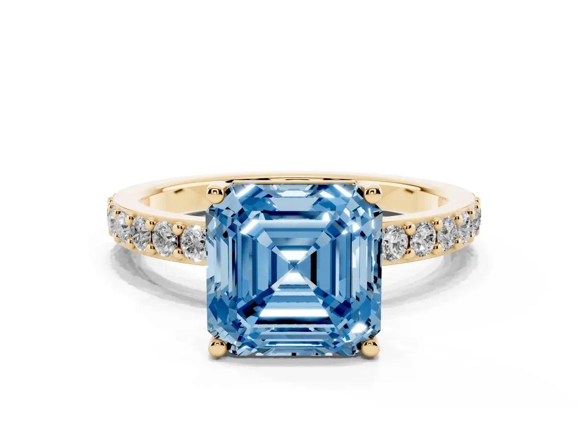 Fancy Blue Asscher Cut Cut Diamond Solitaire with Pave Band and Four-Prong Setting Yellow gold