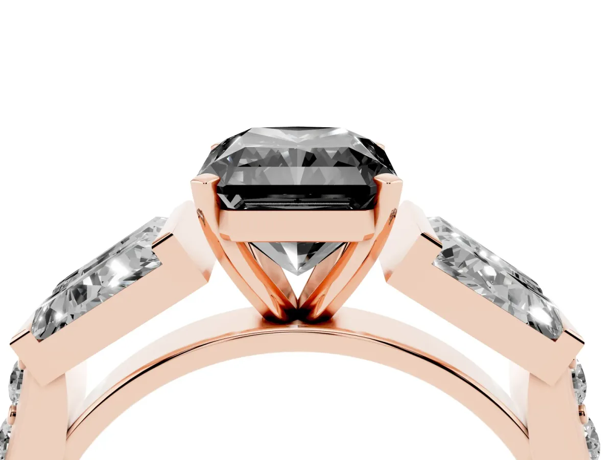 Fancy Black Radiant Cut Diamond Engagement Ring with Baguette Side Stones and Channel Set Band Rose gold