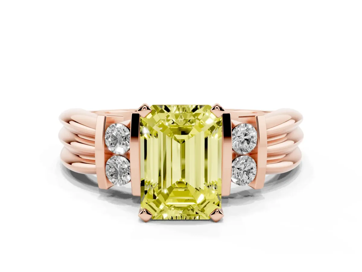 Fancy Yellow Emerald Cut Cut Three-Stone Channel Set Ring with Bar Prongs Rose gold