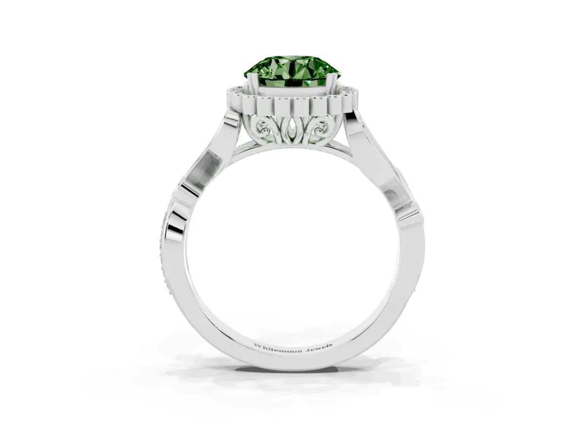 Fancy Green Round Cut Diamond Halo Ring with Vintage Split Shank and Four-Prong Setting Silver