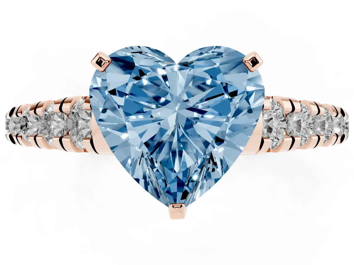 Fancy Blue Heart Cut Diamond Cathedral Solitaire Ring with Round Pavé Band Rose gold