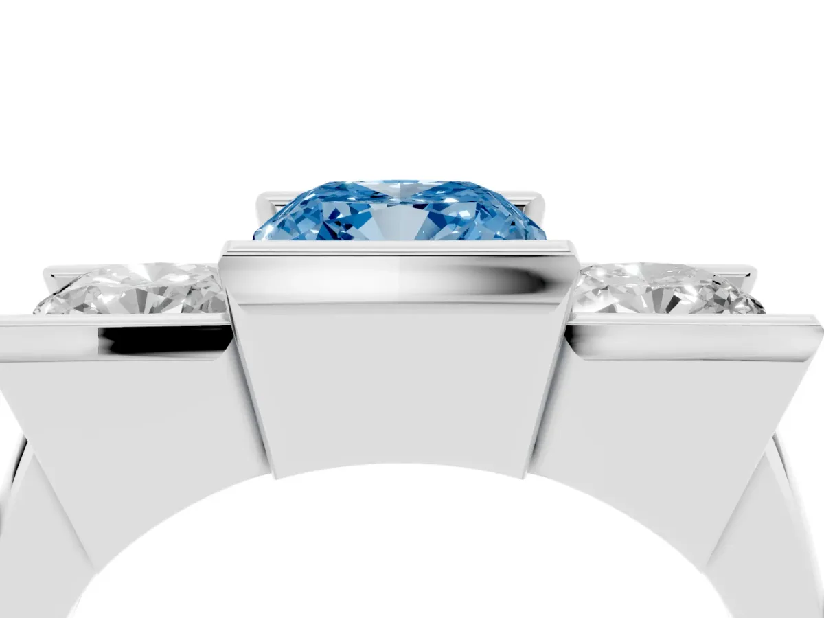 Fancy Blue Three Stone Cushion Cut Cut Channel Set Diamond Ring Silver